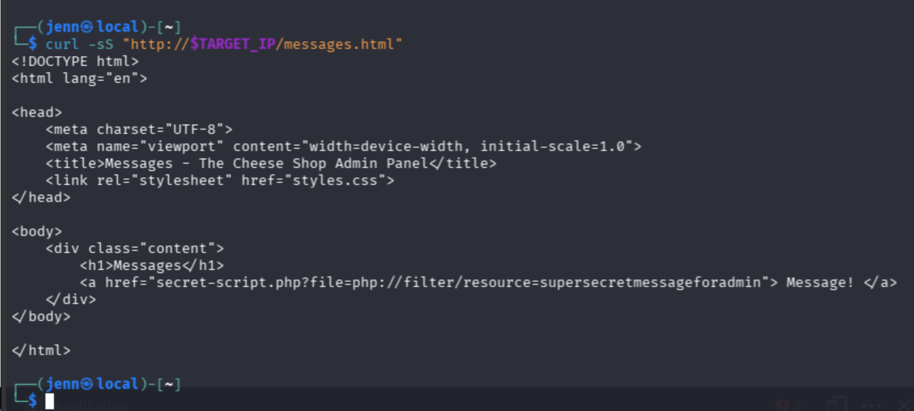 messages.html exposing the secret-script.php file parameter